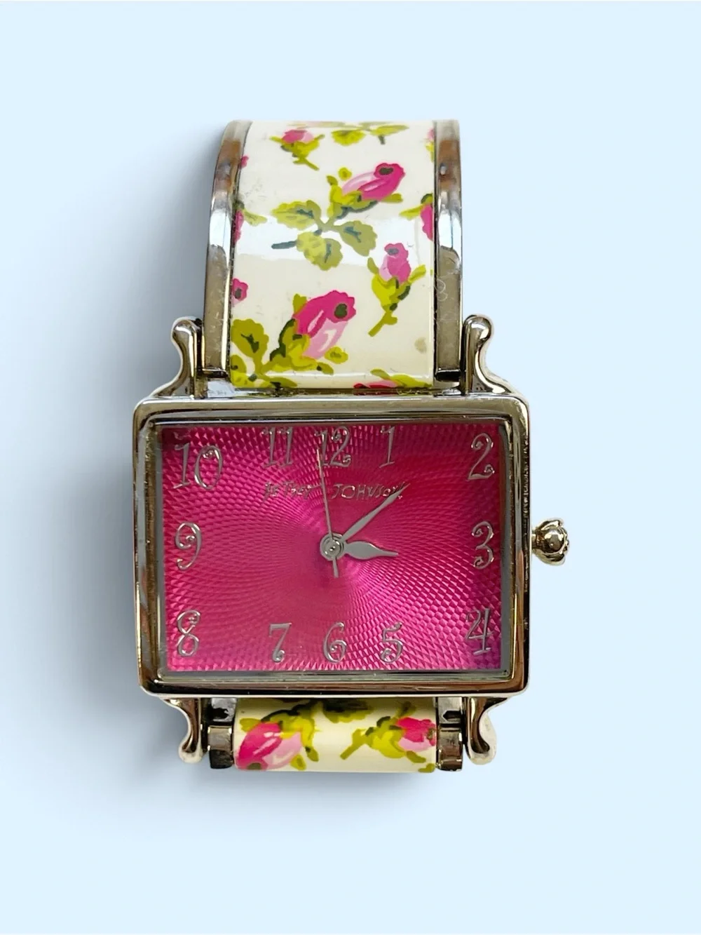 Y2K Betsey Johnson rosebud floral watch with a square hot-pink textured dial
